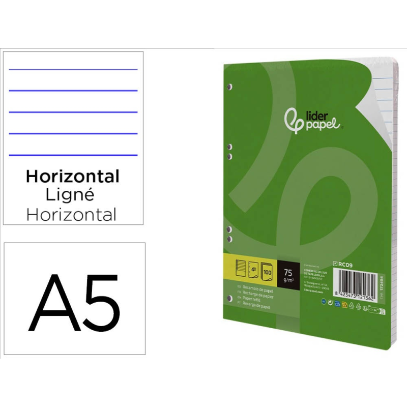 Recambio liderpapel din a5 100 hojas 75 gr horizontal con margen 6 taladros