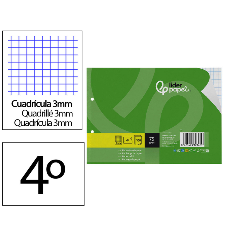 Recambio liderpapel din a5 apaisado 100 hojas 75 gr cuadro 3 mm 2 taladros con margen
