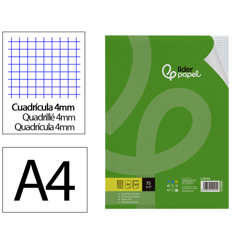 Recambio liderpapel a4 100 hojas 75gr cuadro 4mm con margen sin taladros