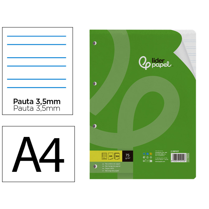 Recambio liderpapel din a4 100 hojas 75 gr pauta 4 3.5mm con margen 4 taladros