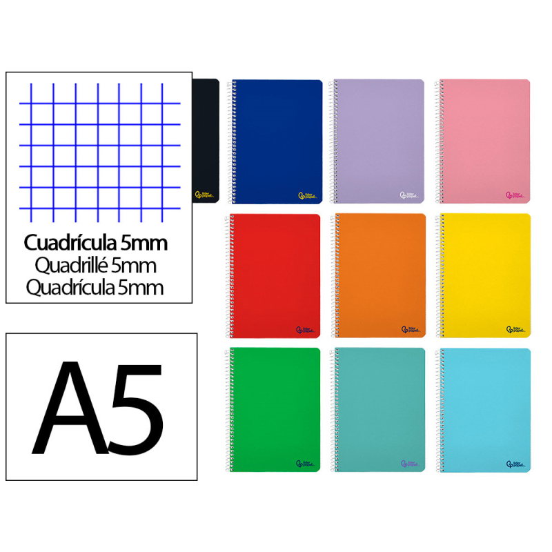 Cuaderno espiral liderpapel a5 micro smart tapa blanda 80h 75gr cuadro 5mm doble margen 6 taladros colores