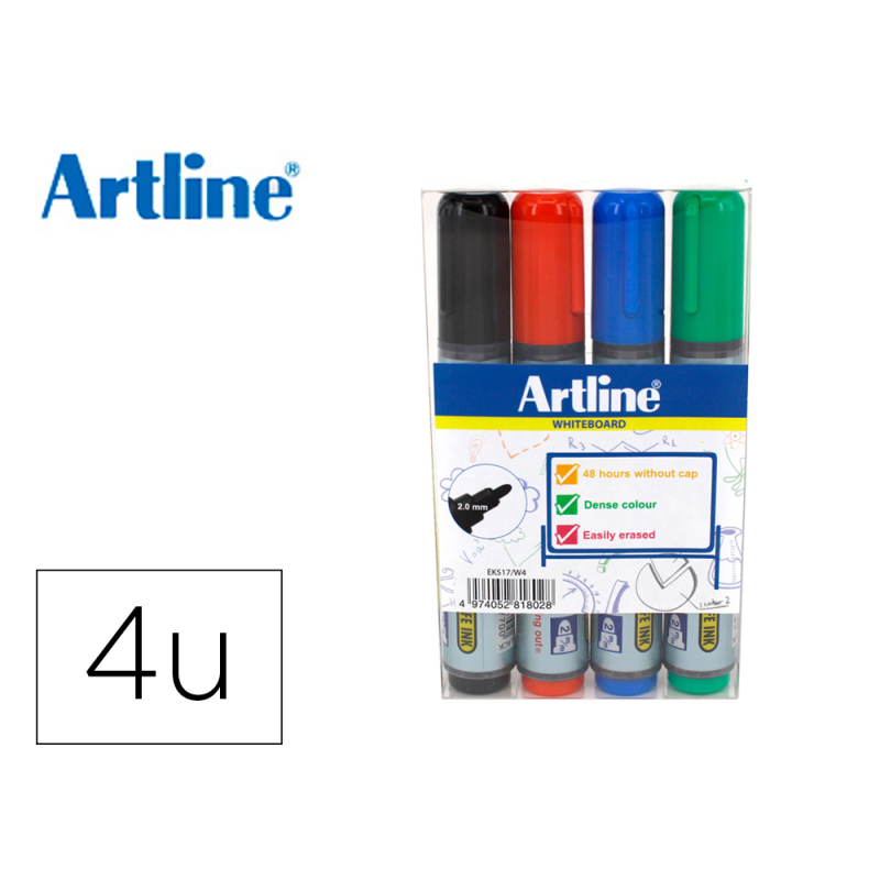 Rotulador artline pizarra ek517/w4 punta redonda 2 mm bolsa de 4 unidades colores surtidos