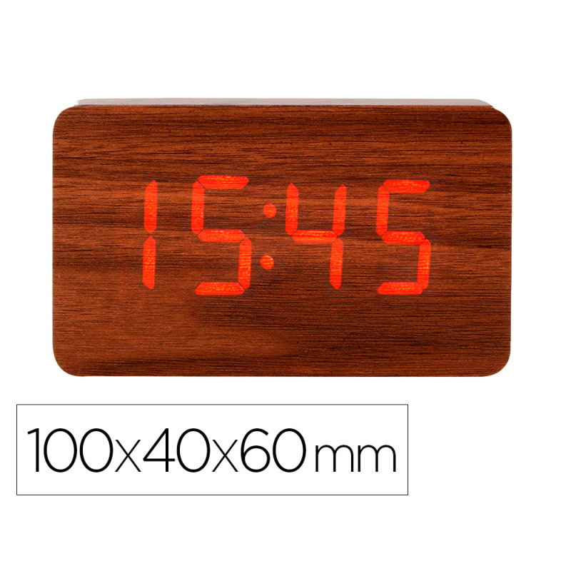 Reloj q-connect sobremesa digital acabado madera luz roja 100x40x60mm