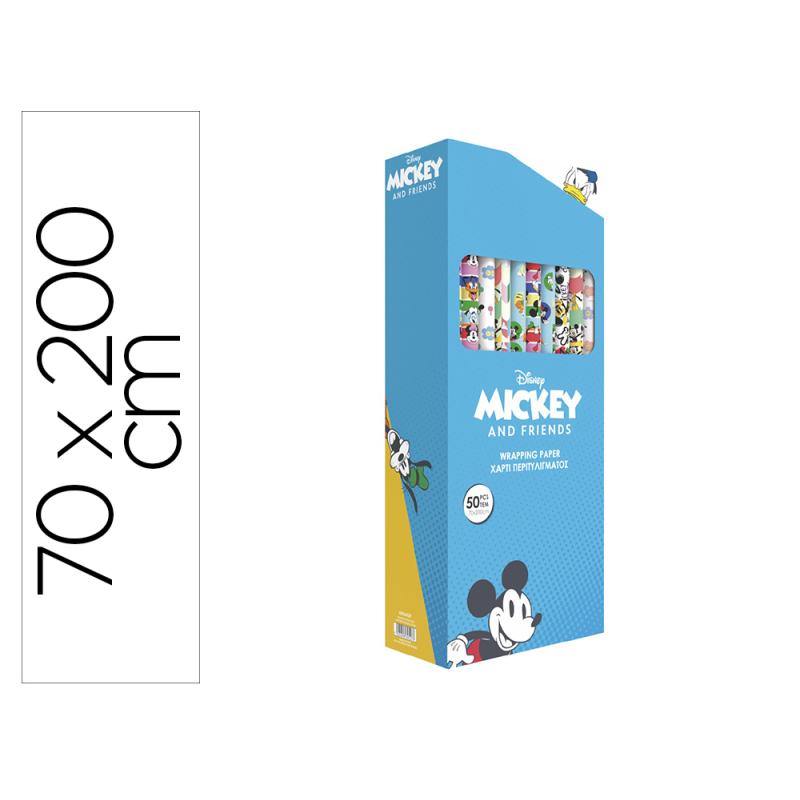 Papel de regalo basika disney mickey and friends rollo ancho 70 cm longitud 2 mt diseños surtidos gramaje 60