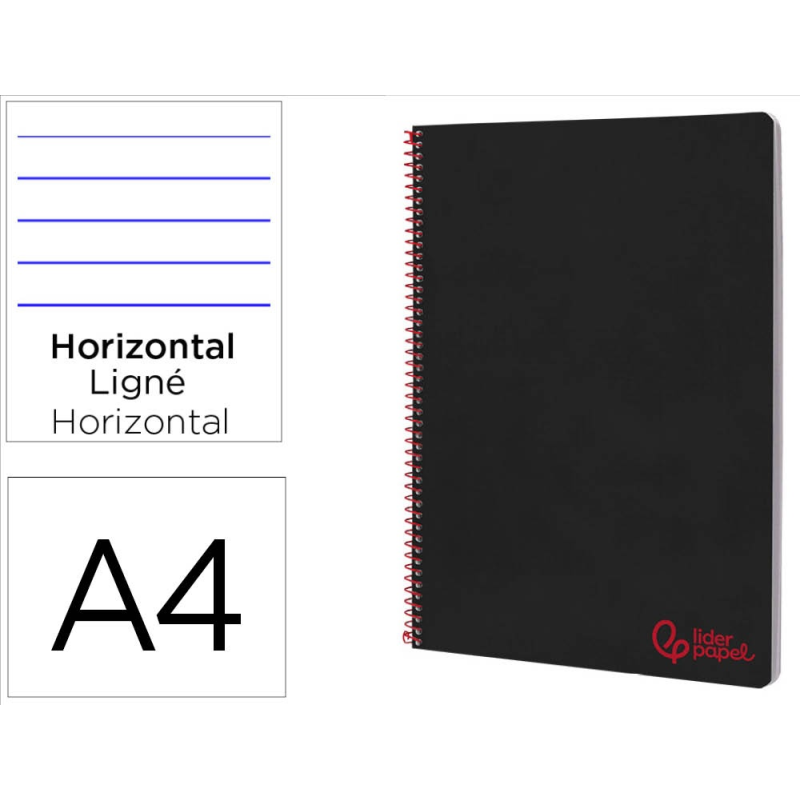 Cuaderno espiral liderpapel a4 wonder tapa plastico 80h 90gr rayado horizontal con margen color negro