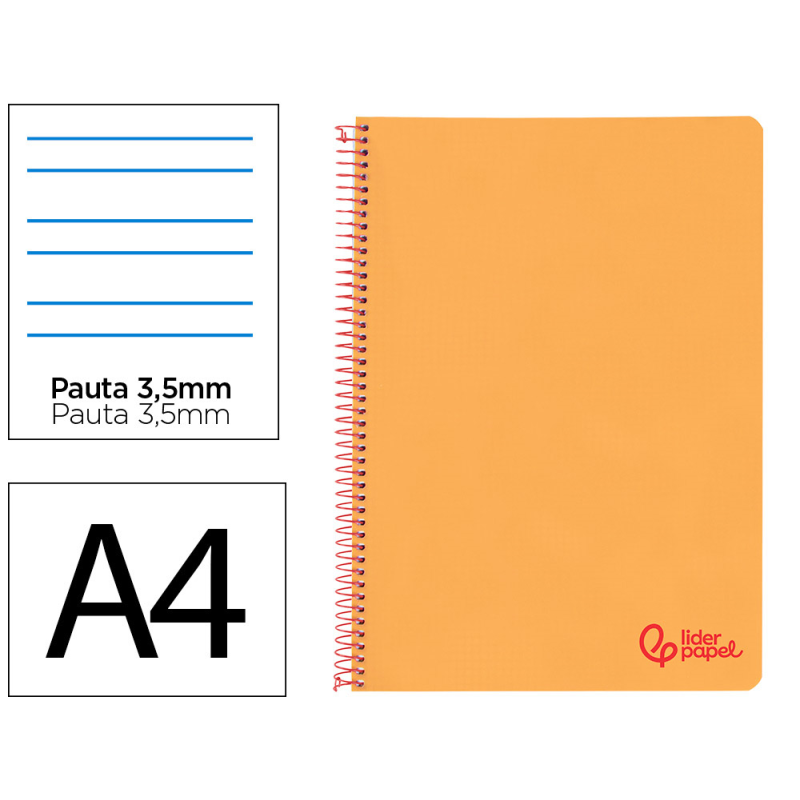 Cuaderno espiral liderpapel a4 wonder tapa plastico 80h 90gr pauta ancha 3,5mm con margen color naranja