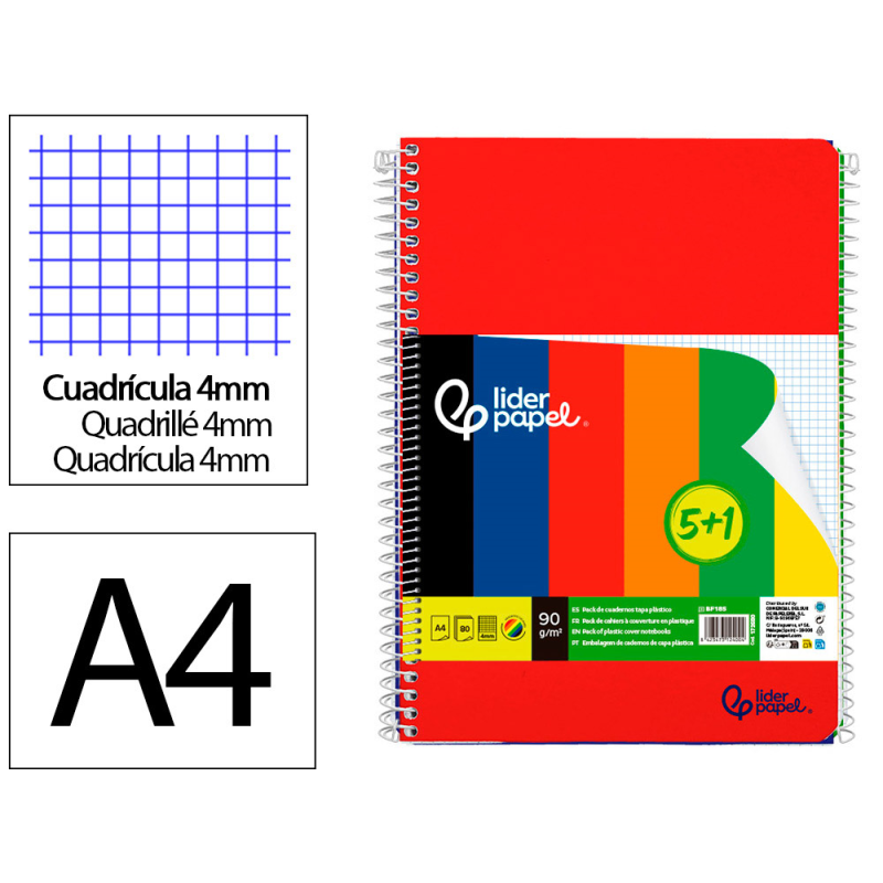 Cuaderno espiral liderpapel a4 wonder tapa plastica 80h 90gr cuadro 4mm con margen pack 5+1 colores surtidos