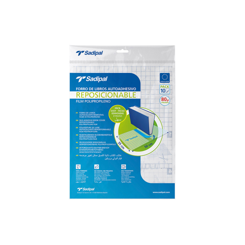 Forralibro adhesivo para libros sadipal reposicionable 80 mc 50x35 cm pack de 10 unidades