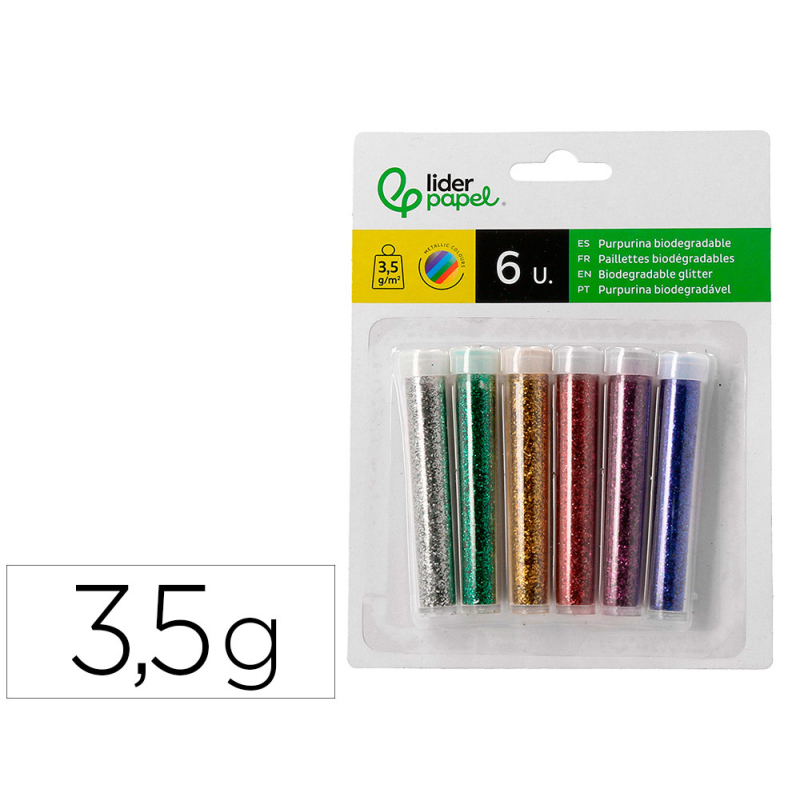 Purpurina liderpapel biodegradable fantasia bote 3,5 gr colores metalicos surtidos blister de 6 unidades