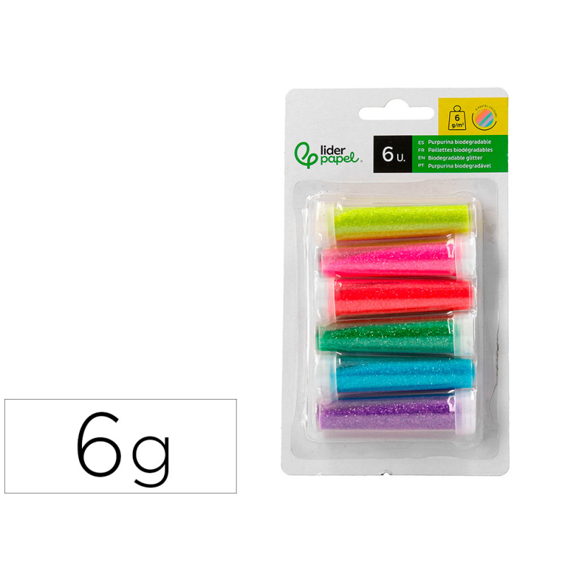 Purpurina liderpapel biodegradable fantasia bote 6 gr colores metalicos pastel surtidos blister de 6 unidades