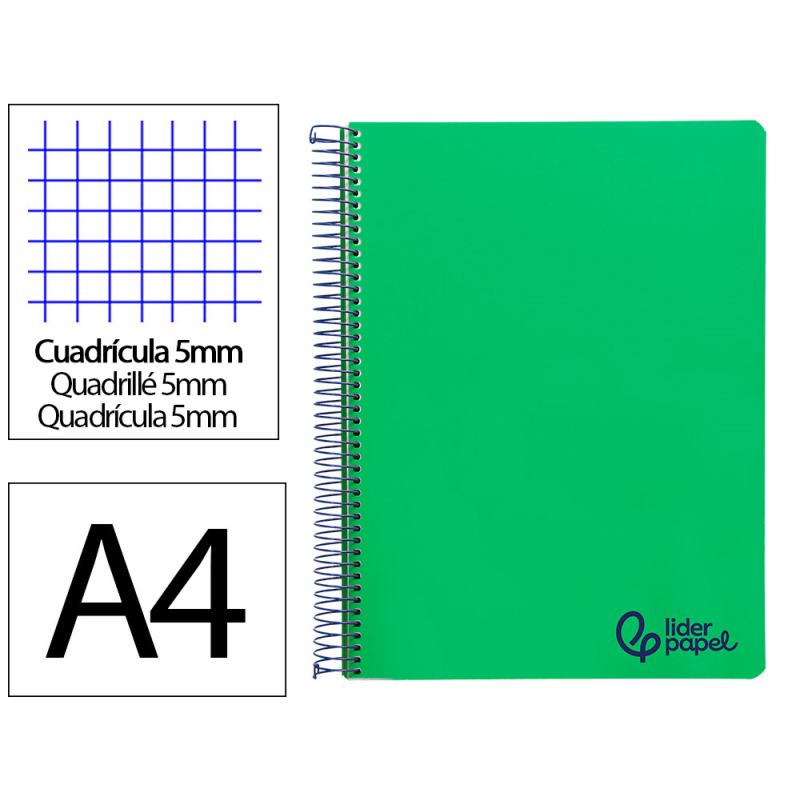 Cuaderno espiral liderpapel a4 micro wonder tapa plastico 120h 90gr cuadro 5mm 5 bandas 4 taladros color verde oscuro