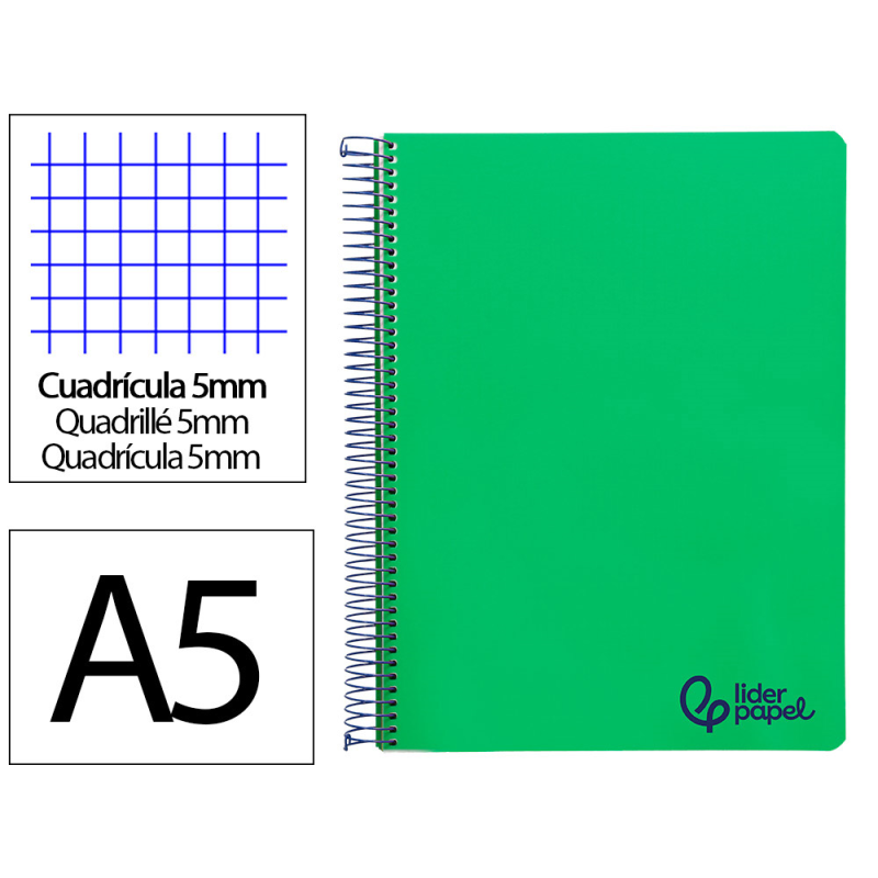 Cuaderno espiral liderpapel a5 micro wonder tapa plastico 120h 90gr cuadro 5mm 5 bandas 6 taladros color verde oscuro