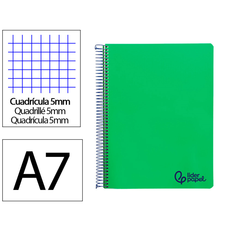 Cuaderno espiral liderpapel a7 micro wonder tapa plastico 100h 90gr cuadro 5mm 4 bandas color verde oscuro
