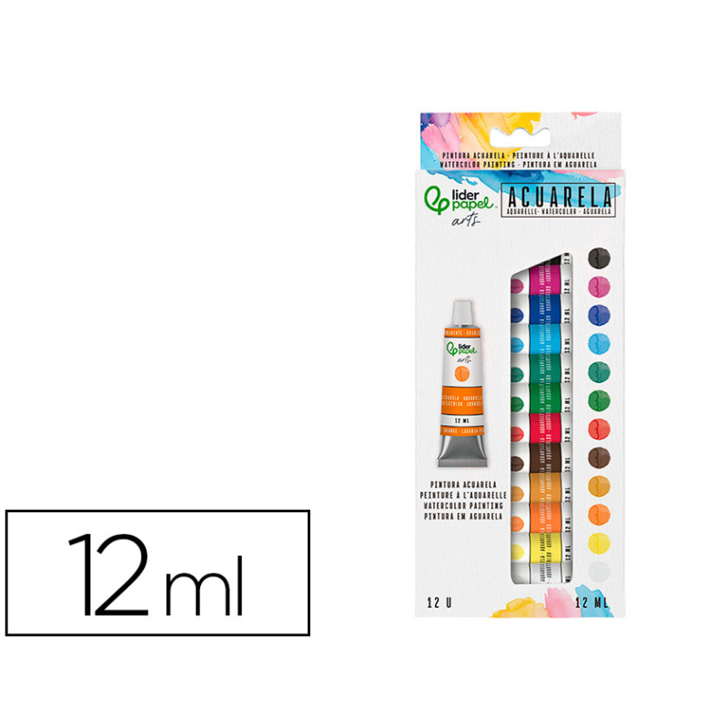 Pintura de acuarela liderpapel caja de 12 tubos de aluminio de 12 ml colores surtidos