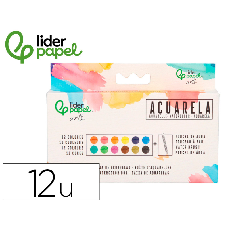 Acuarela liderpapel 12 colores con pincel de agua rellenable y esponja estuche de plastico