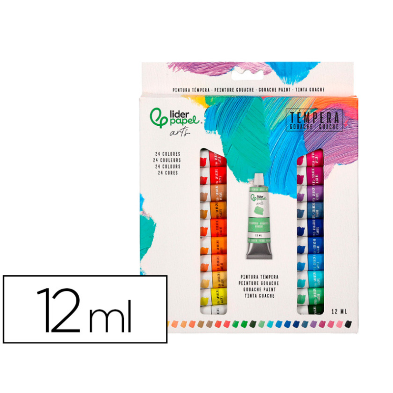 Pintura gouache/tempera liderpapel caja de 24 tubos de aluminio de 12 ml colores surtidos