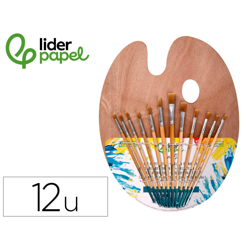 Pinceles sinteticos liderpapel pack de 12 unidades con puntas y tamaños surtidos + paleta de madera