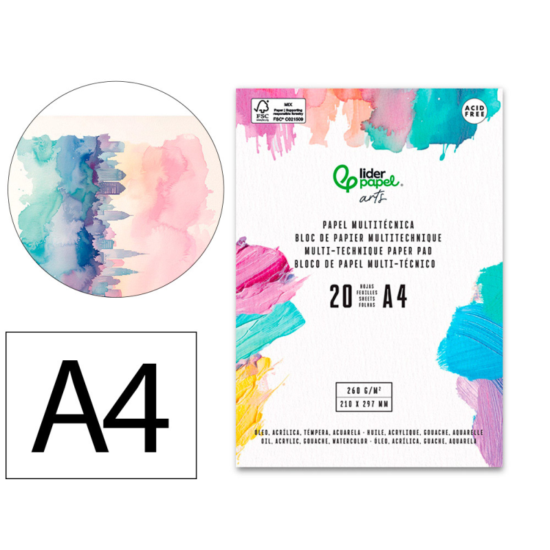 Bloc papel multitecnica liderpapel din a4 para acrilico oleo y gouache 20 hojas gramaje 260g/m2