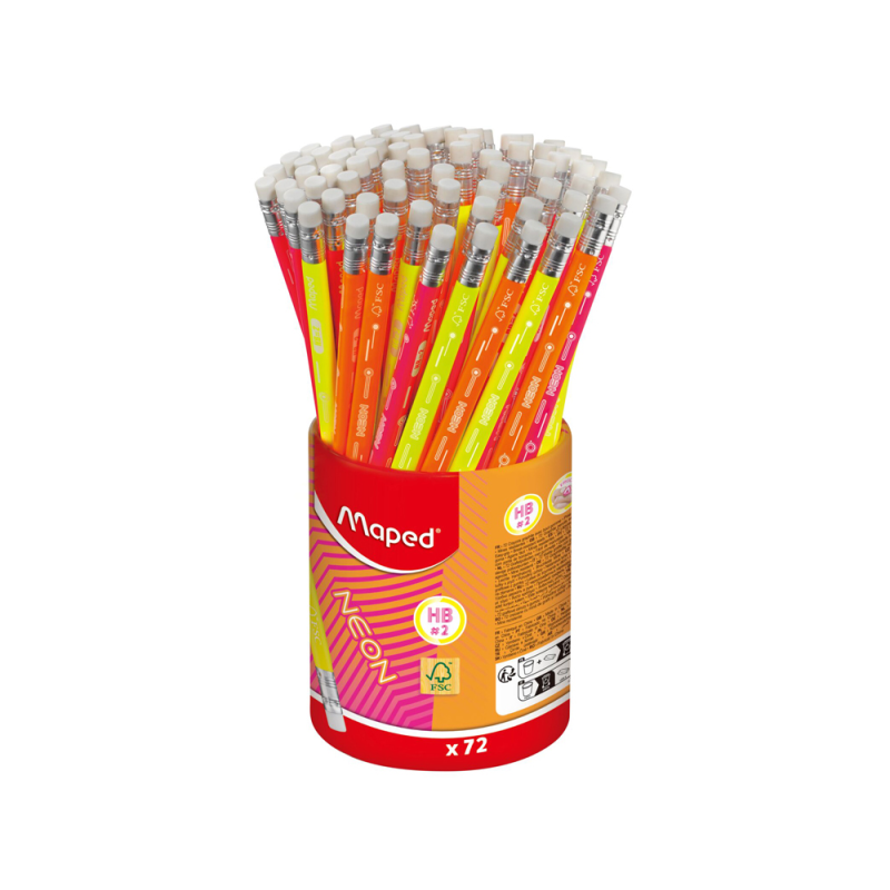 Lapiz de grafito maped neon con goma hb bote de 72 unidades colores surtidos