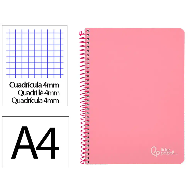 Cuaderno espiral liderpapel a4 witty tapa dura 80h 90gr cuadro 4mm con margen color rosa