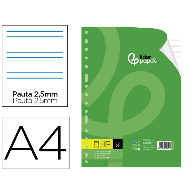 Recambio liderpapel folio 100 hojas 60gr pauta 5ª 2.5mm con margen 16 taladros