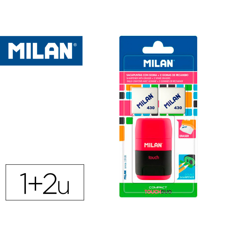 Sacapuntas milan compact touch duo plastico 2 usos con goma + 2 recambios de goma en blister