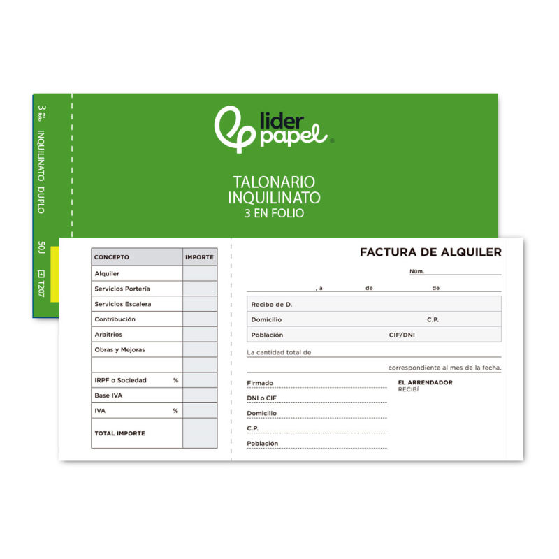 Talonario liderpapel inquilinato 3/fº original y copia t207 con codiciones e i.v.a.