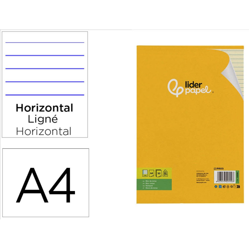 Bloc notas liderpapel encolado a4 rayado horizontal 50 hojas 80 gr color amarillo