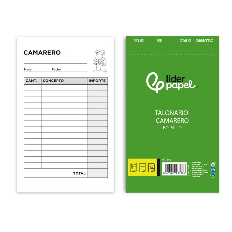 Talonario liderpapel camarero bolsillo original y copia t250