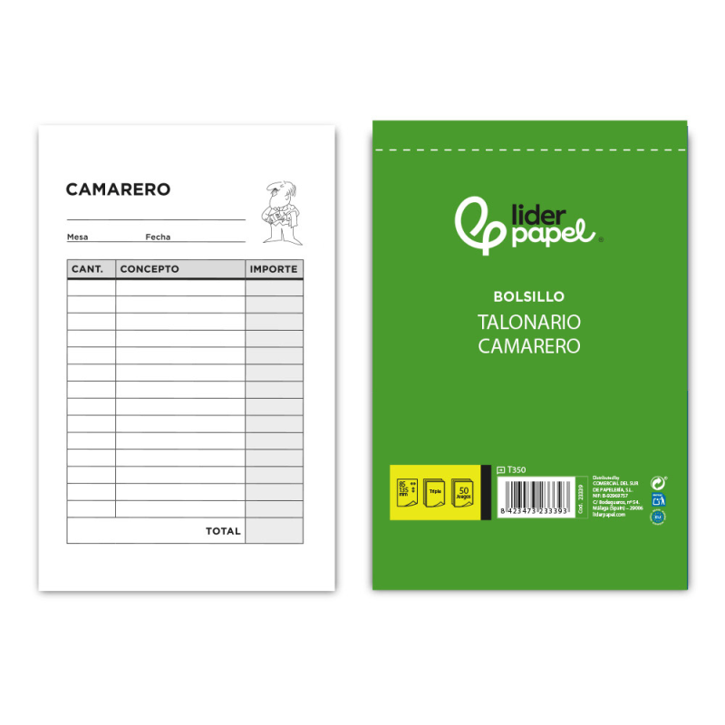 Talonario liderpapel camarero bolsillo original y 2 copias t350