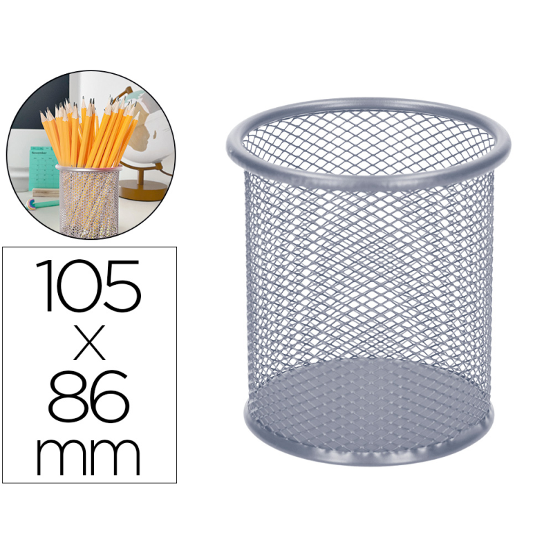 Cubilete portalapices q-connect plata metal redondo rejilla diametro 86 mm alto 105 mm
