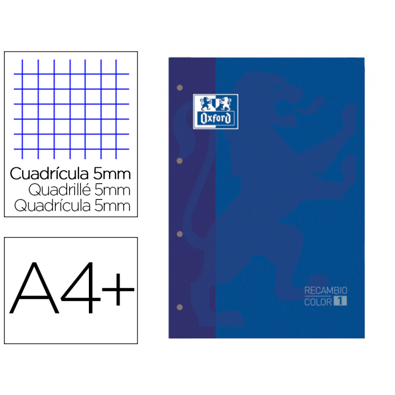 Recambio color 1 oxford din a4+ 80 hojas 90 gr cuadro 5 mm 4 taladros color azul oscuro