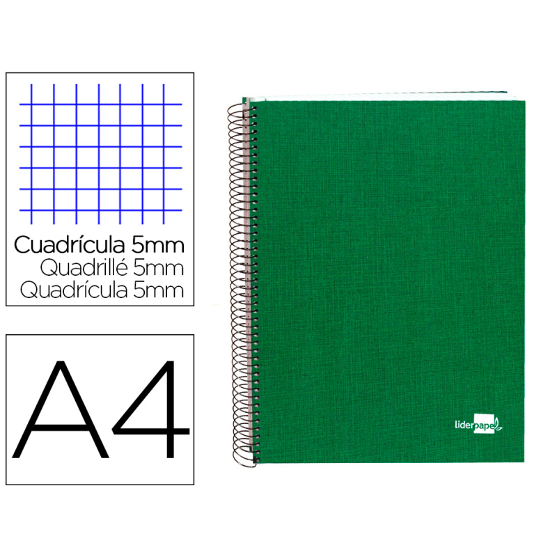 Cuaderno espiral liderpapel a4 micro papercoat tapa forrada 140h 75gr cuadro5mm 5 banda s 4 taladros verde