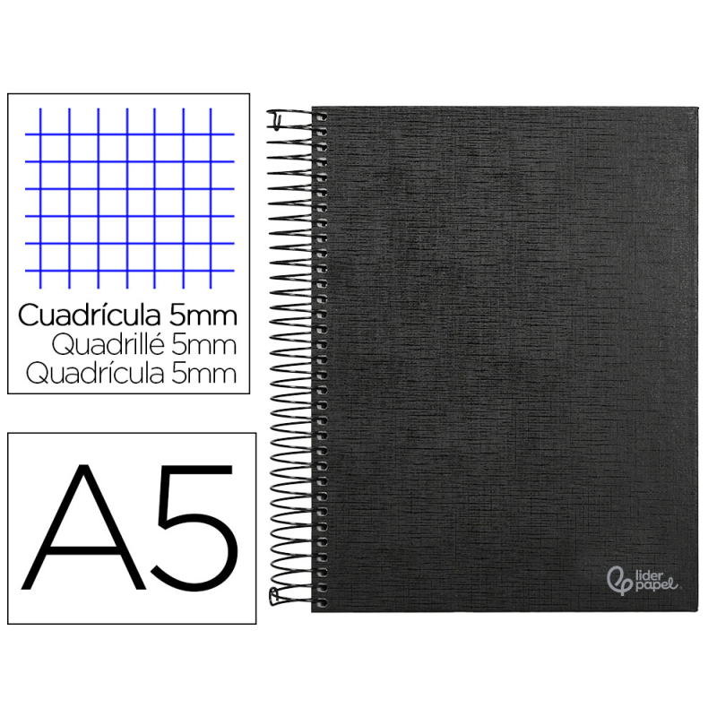 Cuaderno espiral liderpapel a5 micro papercoat tapa forrada 140h 75gr cuadro5mm 5 banda s 6 taladros negro