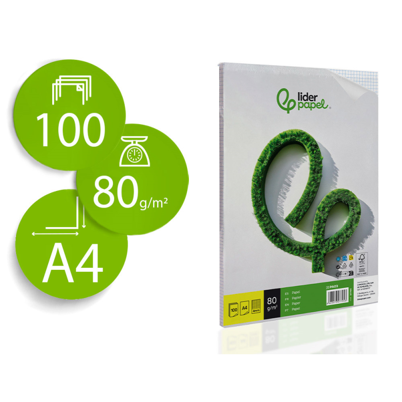 Papel liderpapel a4 80g/m2 sin taladros cuadro 4 mm paquete de 100 hojas