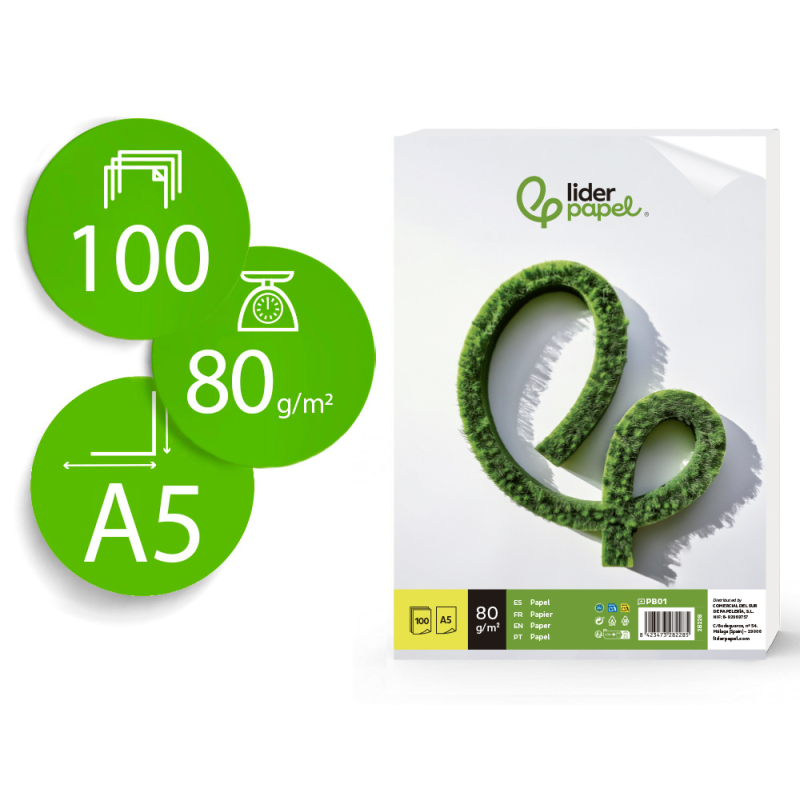 Papel liderpapel a5 80g/m2 liso paquete de 100 hojas