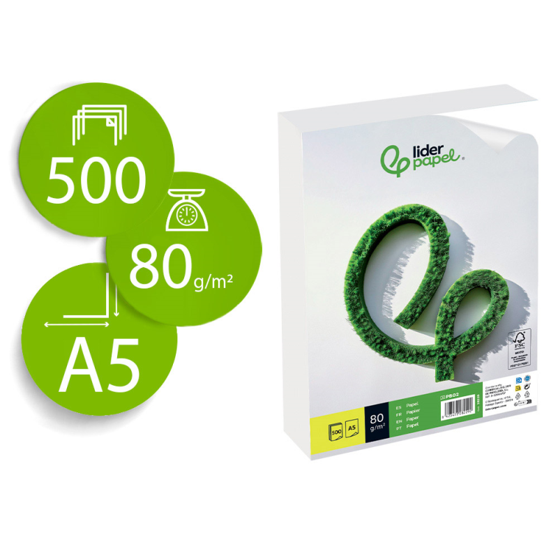Papel liderpapel a5 80g/m2 liso paquete de 500 hojas