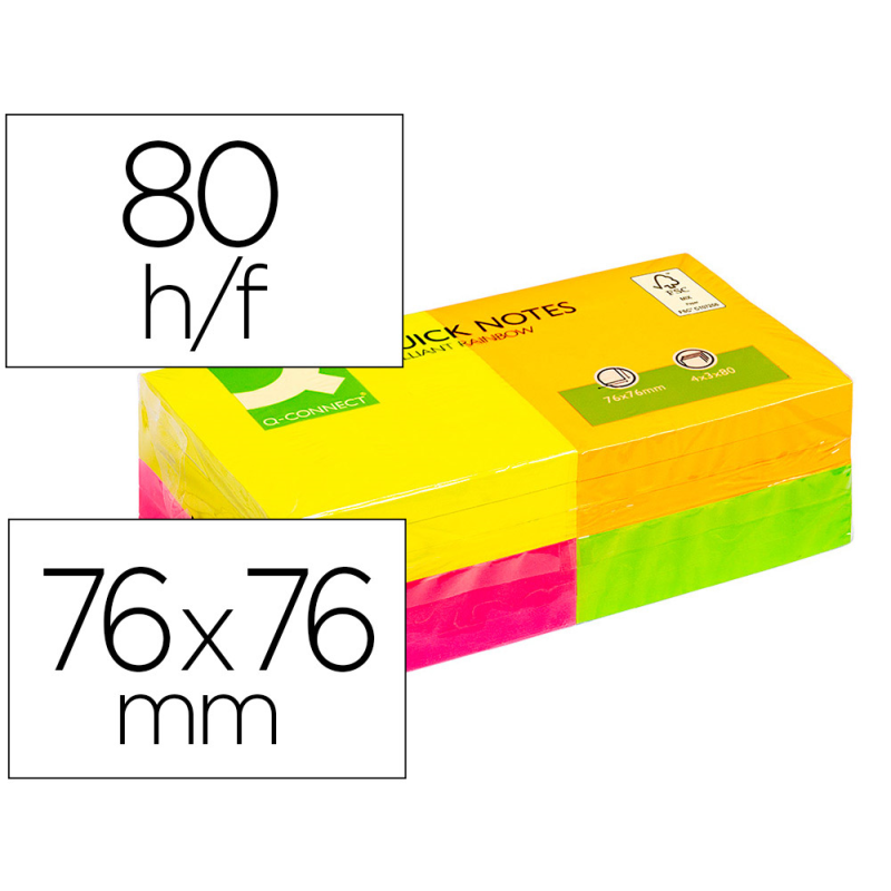 Bloc de notas adhesivas quita y pon q-connect 76x76 mm con 80 hojas fluorescentes pack de 12 surtidas en 4 colores