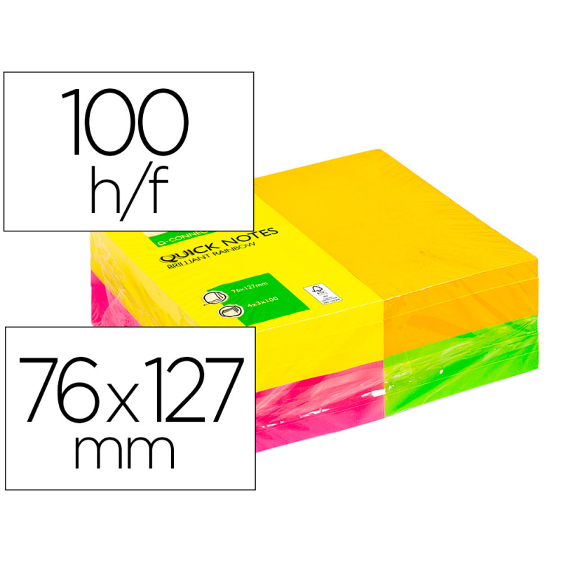 Bloc de notas adhesivas quita y pon q-connect 127x76 mm fsc 100 hojas fluorescentes pack de 12 -surtidas en 4 colores
