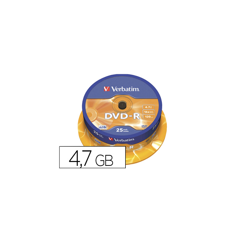 Dvd-r verbatim capacidad 4.7gb velocidad 16x 120 min tarrina de 25 unidades