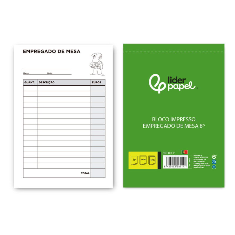 Talonario liderpapel camarero octavo sin iva 102 texto en portugues