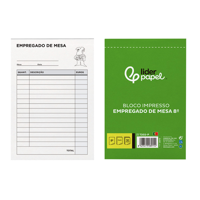 Talonario liderpapel camarero octavo sin iva 202 duplicado texto en portugues