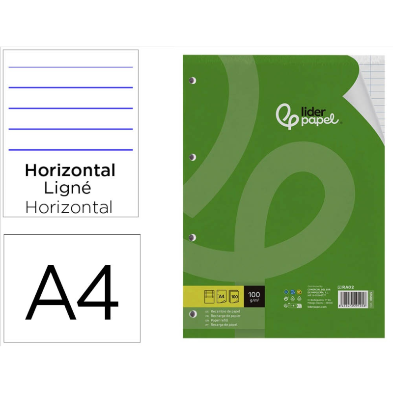 Recambio liderpapel a4 100 hojas 100gr horizontal con doble margen 4 taladros