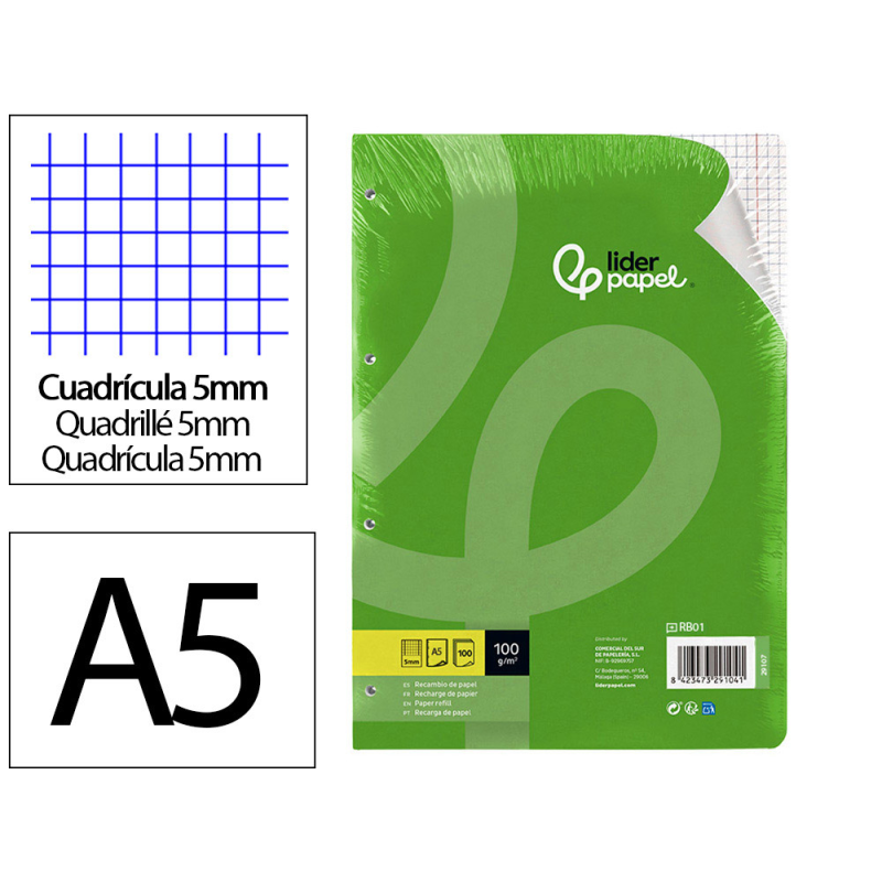 Recambio liderpapel a5 100 h 100gr cuadro 5mm con m argen 6 taladros