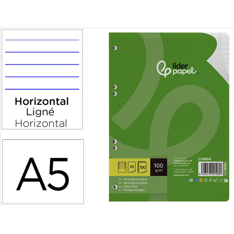 Recambio liderpapel a5 100 h 100gr horizontal doble margen 6 taladros