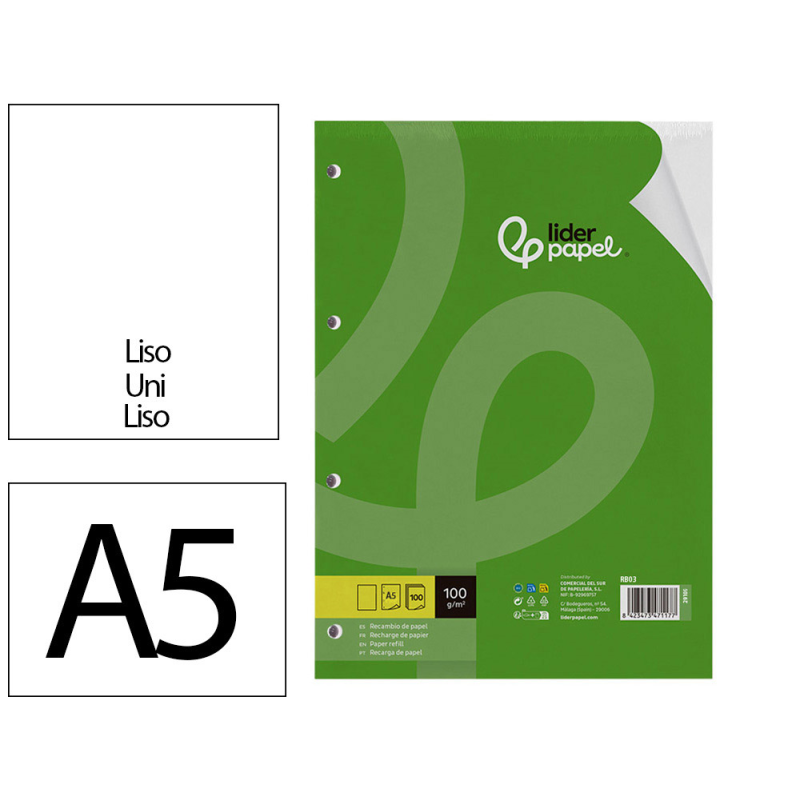 Recambio liderpapel a5 100h 100gr liso doble margen 6 taladros