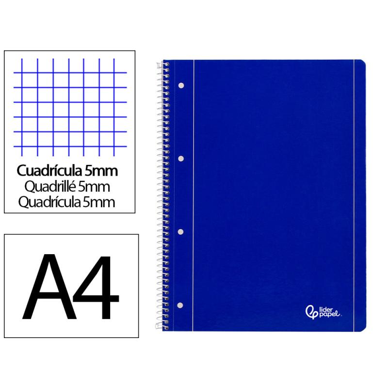 Cuaderno espiral liderpapel a4 micro serie azul tapa blanda 80h 75gr cuadro 5mm con mar gen 4 taladros azul