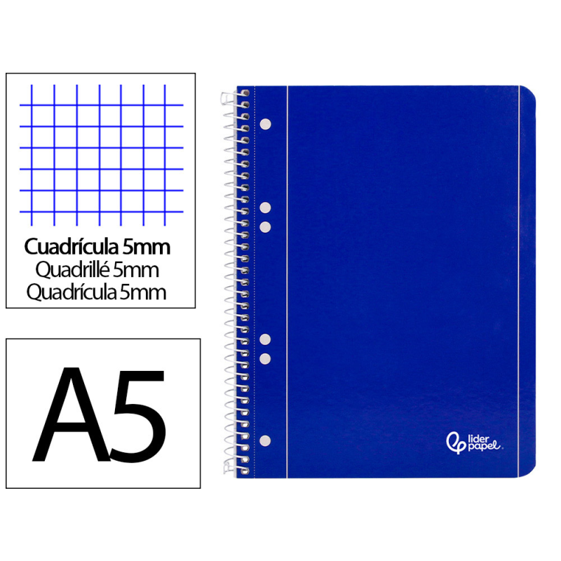 Cuaderno espiral liderpapel a5 micro serie azul tapa blanda 80h 75gr cuadro5mm 6 talad ros azul