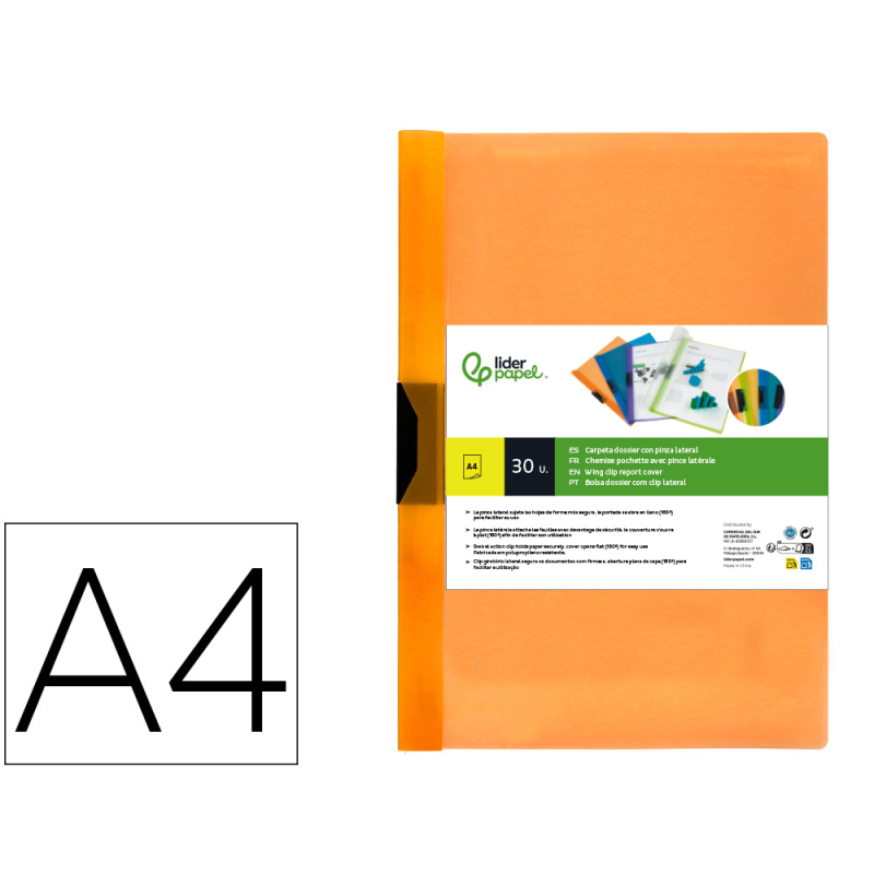 Carpeta liderpapel dossier pinza lateral 45301 polipropileno din a4 naranja 30 hojas pinza deslizante