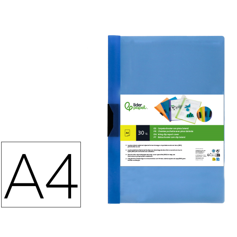 Carpeta liderpapel dossier pinza lateral 45302 polipropileno din a4 azul 30 hojas pinza deslizante